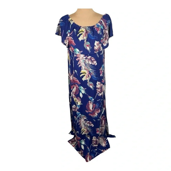 She + Sky Blue Tropical Floral Off Shoulder Slits Maxi Dress NWT Small - Picture 1 of 8
